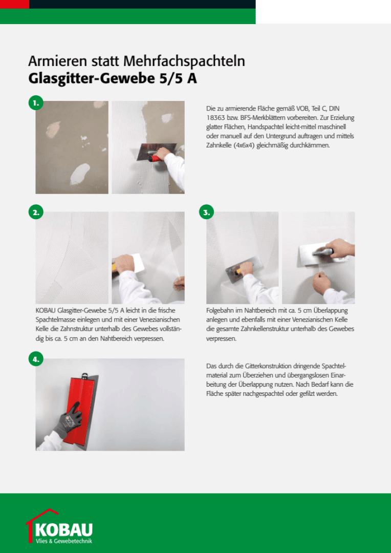 Eine Schritt-für-Schritt-Anleitung zeigt, wie Hände Glasfasergewebe mit Werkzeugen an einer Wand anbringen, einbetten und anschließend mit einer Kelle glätten. Unten links ist das KOBUAU-Logo zu sehen. Textanweisungen finden Sie links.