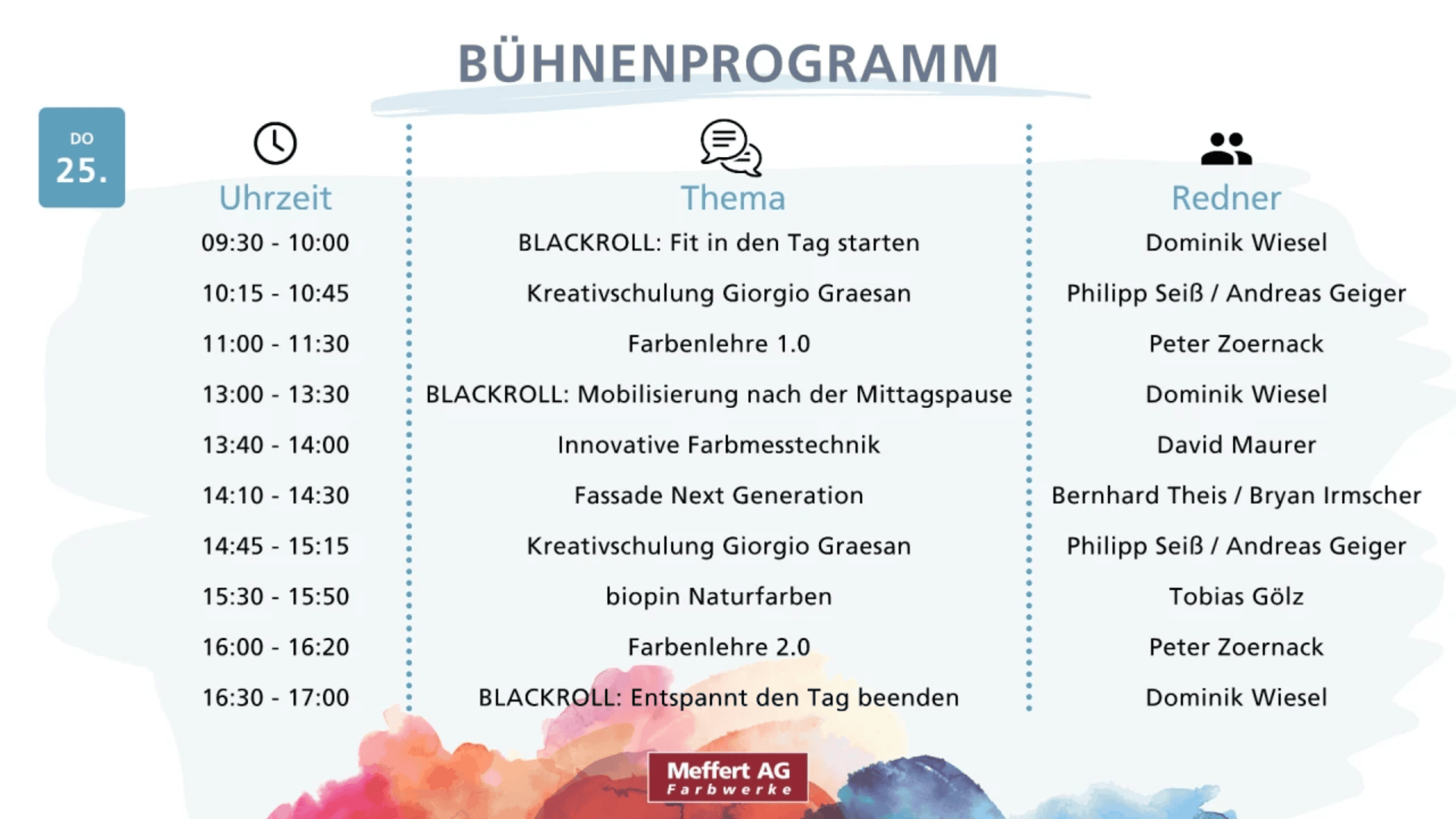 Programmplan für das Bühnenprogramm am Donnerstag mit Vorträgen und Workshops zu Farbtrends, Kreativität und innovativen Maltechniken. Uhrzeit, Themen und Namen der Referenten sind angegeben. Der Hintergrund ist mit farbenfrohen Aquarellspritzern gestaltet.