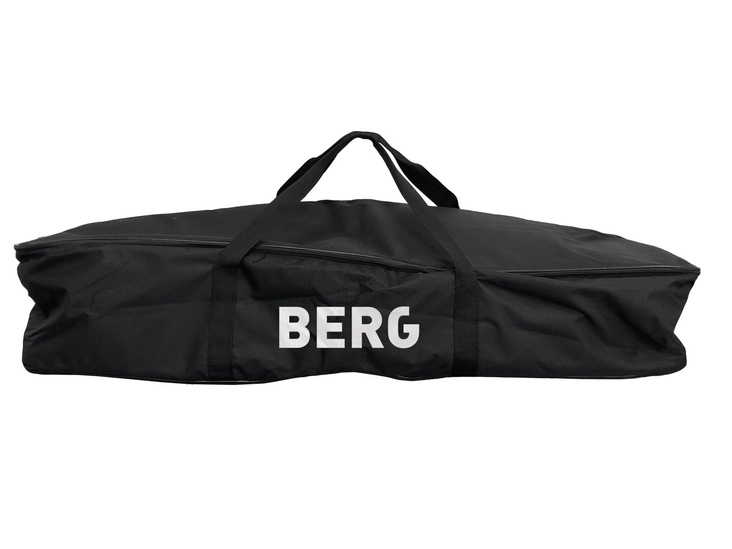 A large black carrying bag with two handles and the word BERG printed in white capital letters on the side.