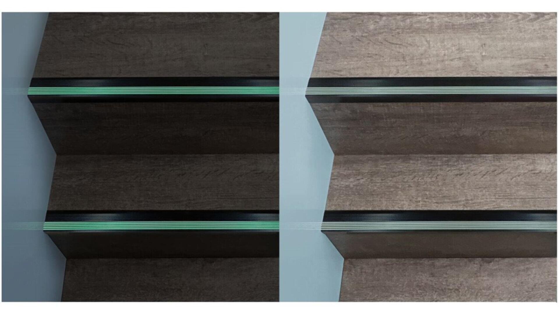 Side-by-side comparison of two shelves with glass panels; the left has a greenish glass edge, while the right has a nearly clear glass edge. Both shelves are mounted on a wooden background.