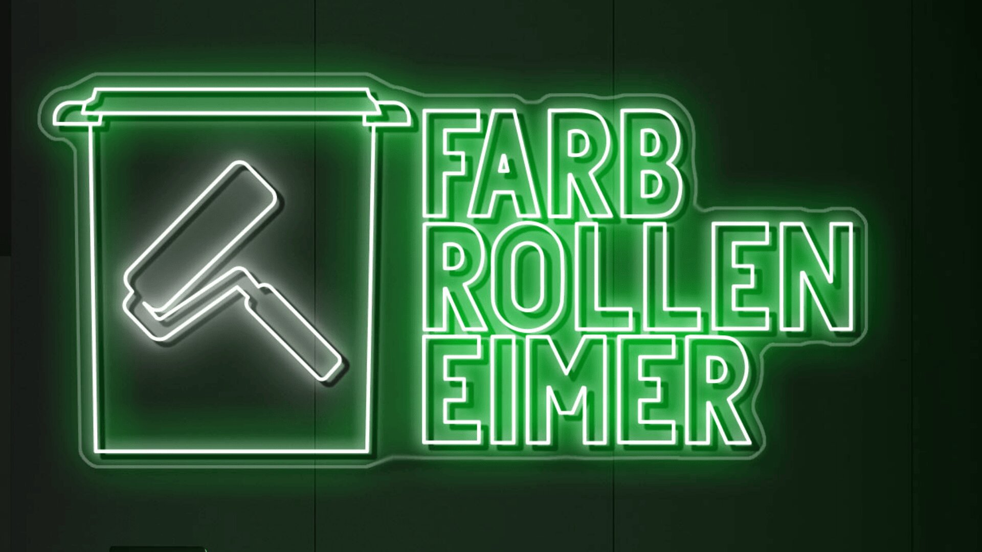 Ein neongrünes Schild mit der Umrisslinie einer Farbrolle und eines Eimers, auf dem in fetten Großbuchstaben die deutschen Worte „FARBROLLENEIMER“ zu sehen sind.