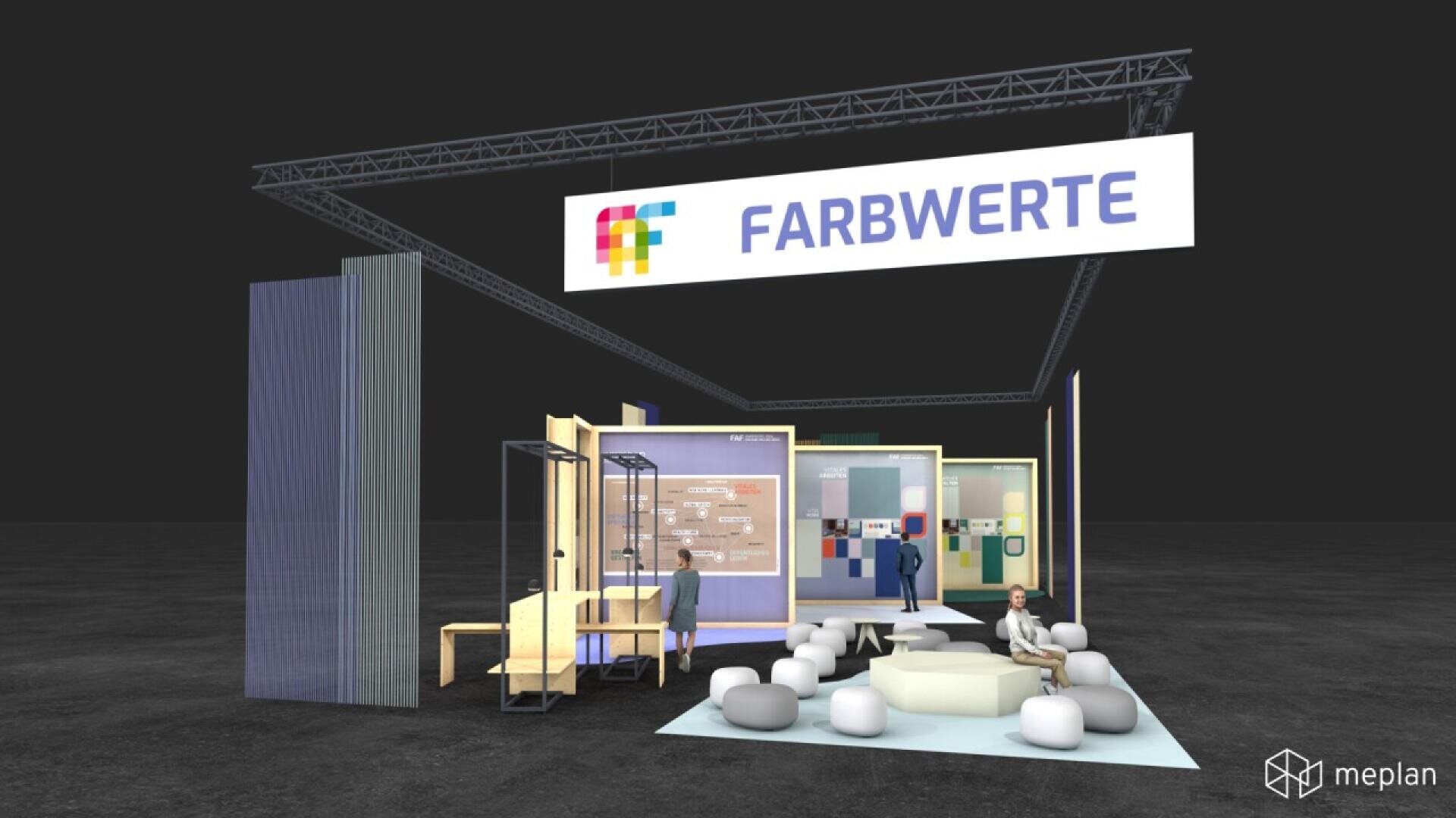 A modern exhibition booth labeled “FARBWERTE,” featuring colorful display panels, seating areas with round stools, and several people interacting within the open, minimalist space.