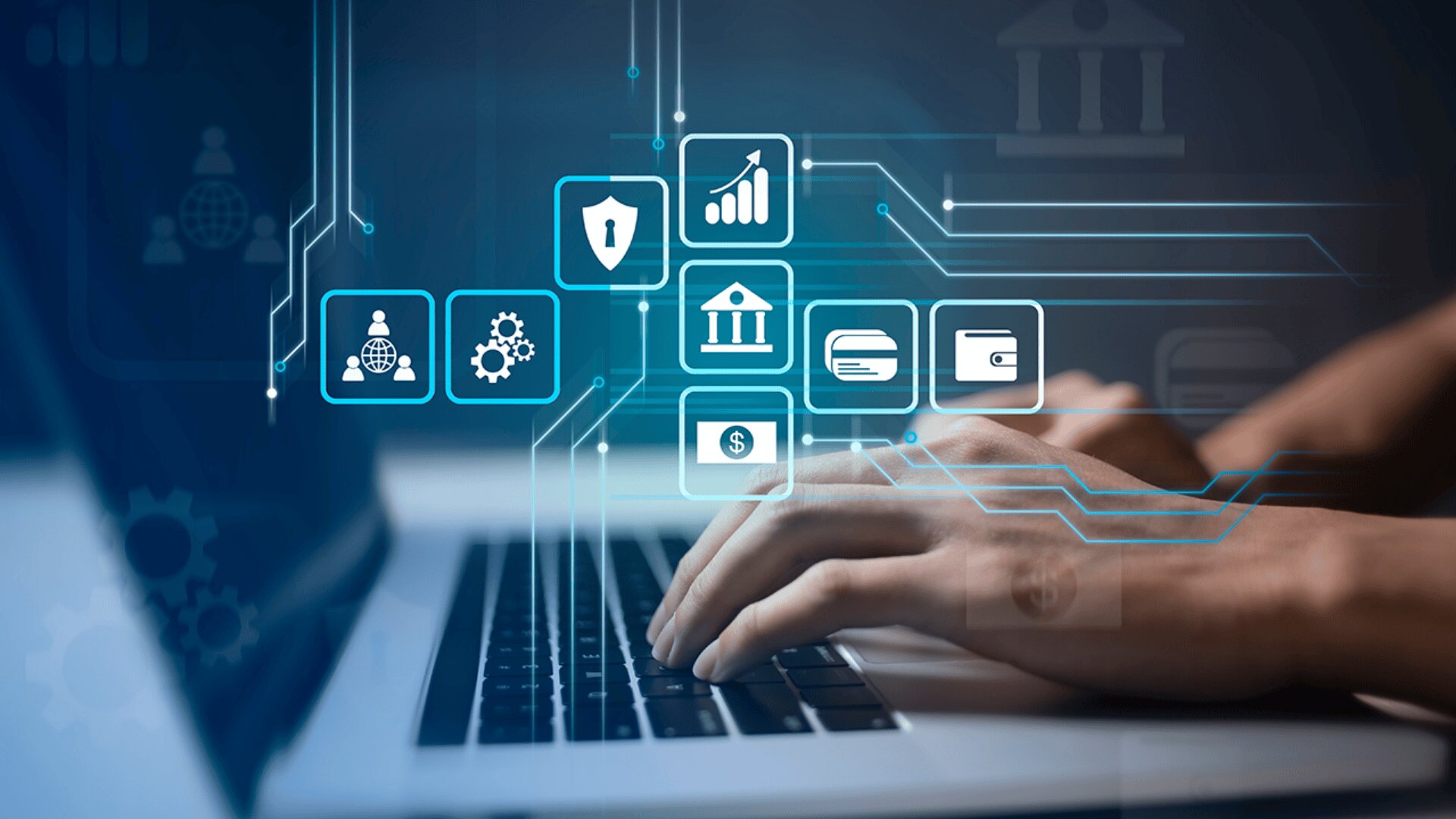 Hände tippen auf einer Laptoptastatur, über der digitale Bank- und Finanzsymbole wie ein Schild, ein Diagramm, eine Bank und eine Kreditkarte schweben und Online-Finanztechnologie und Cybersicherheit darstellen.