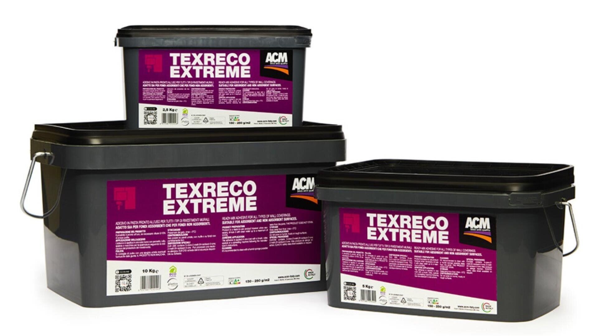 Drei schwarze Behälter Texreco Extreme von ACM mit violetten und weißen Etiketten, in unterschiedlichen Größen dargestellt, angeordnet auf weißem Hintergrund.