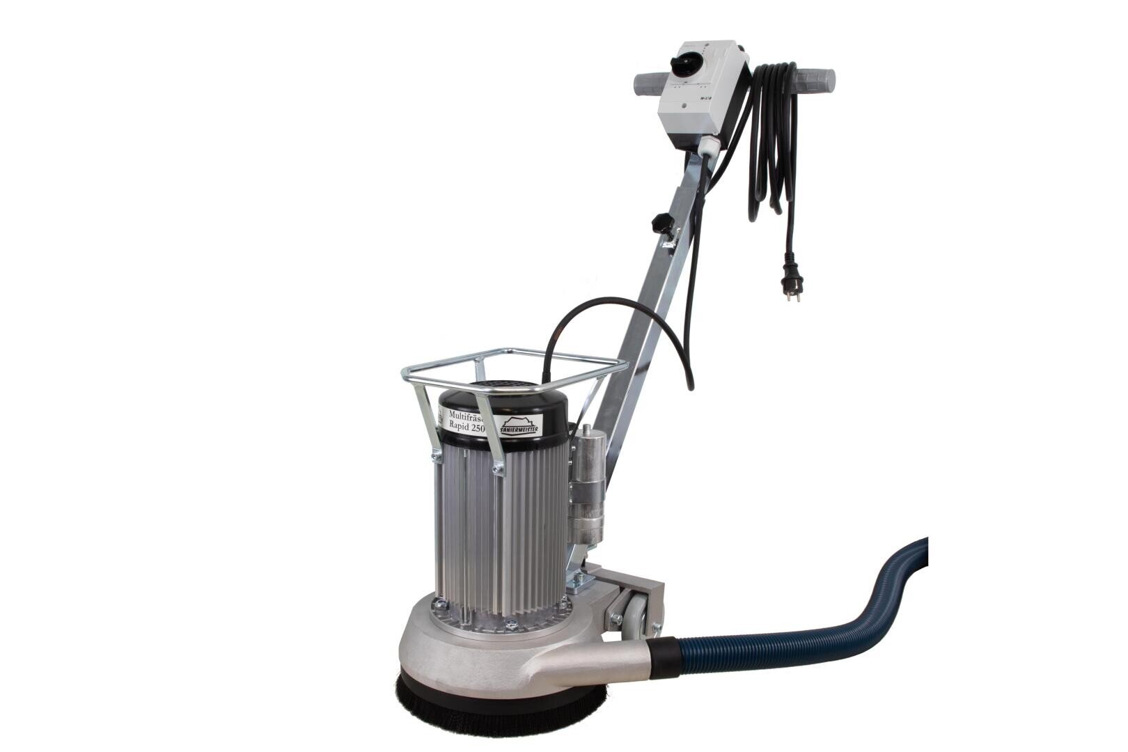 Eine gewerbliche Bodenreinigungsmaschine mit silbernem Gehäuse, aufrechtem Griff, angeschlossenem Netzkabel und einer schwarzen Borstenbürste an der Basis, die zum Polieren oder Schrubben von Böden konzipiert ist.