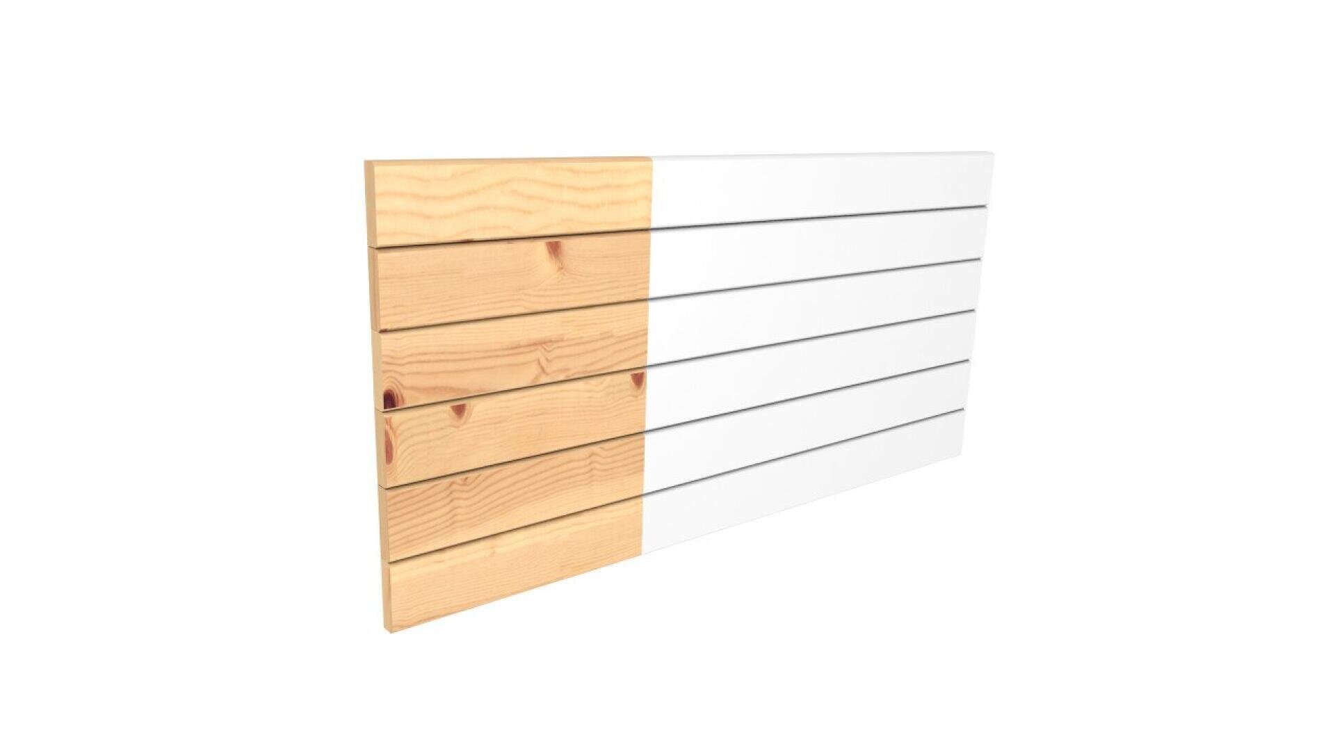 A rectangular wooden panel with horizontal slats; the left half shows natural wood grain, while the right half is painted white with thin black lines between the slats.