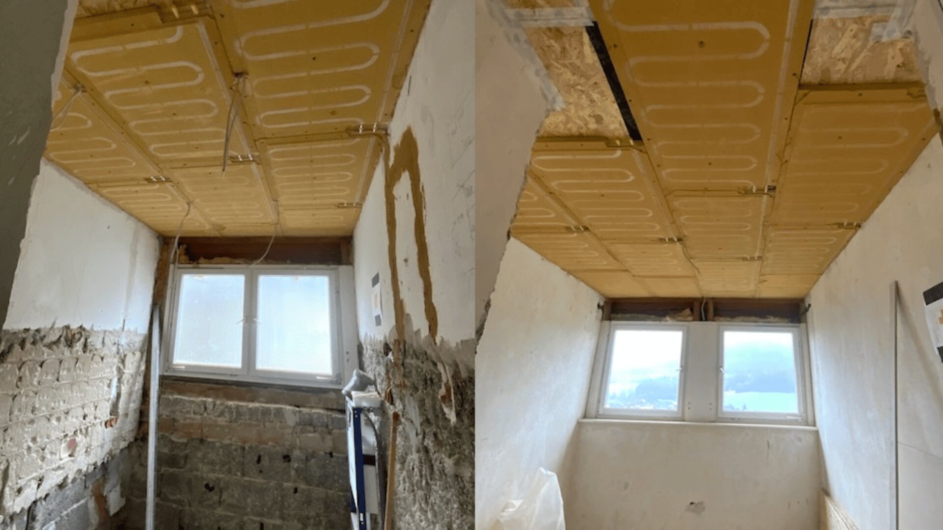Zwei Fotos zeigen einen kleinen Raum im Umbau mit freiliegenden Wänden und Deckenpaneelen. Die Decke besteht aus gelben Paneelen mit sichtbaren, gemusterten Rohren, vermutlich für eine Fußbodenheizung. Ein Fenster lässt Tageslicht herein.