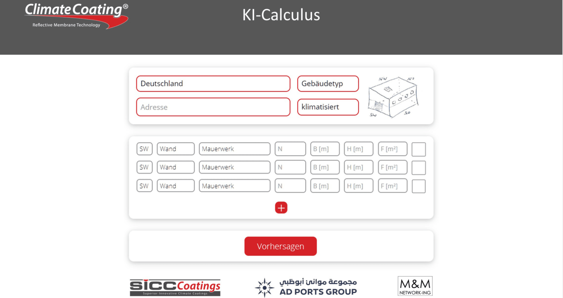 Screenshot der KI-Calculus-Weboberfläche in deutscher Sprache mit Eingabefeldern für Land, Gebäudetyp, Adresse, Klimaanlage und Wanddetails sowie Schaltflächen und Partnerlogos unten.