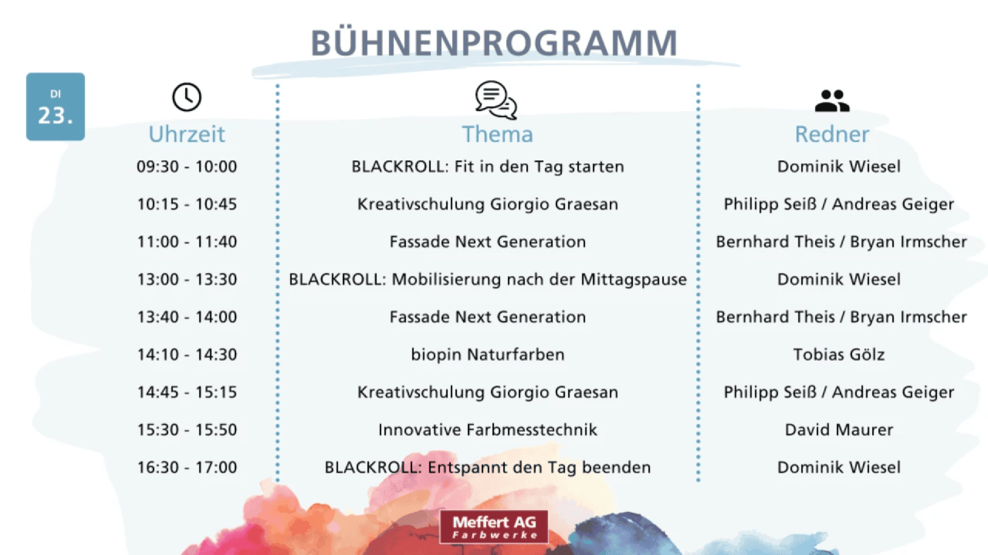 Event schedule for Tuesday, 23rd, listing times, topics (like BLACKROLL sessions, creative workshops, and color technology), and speakers. The background features colorful watercolor accents at the bottom.
