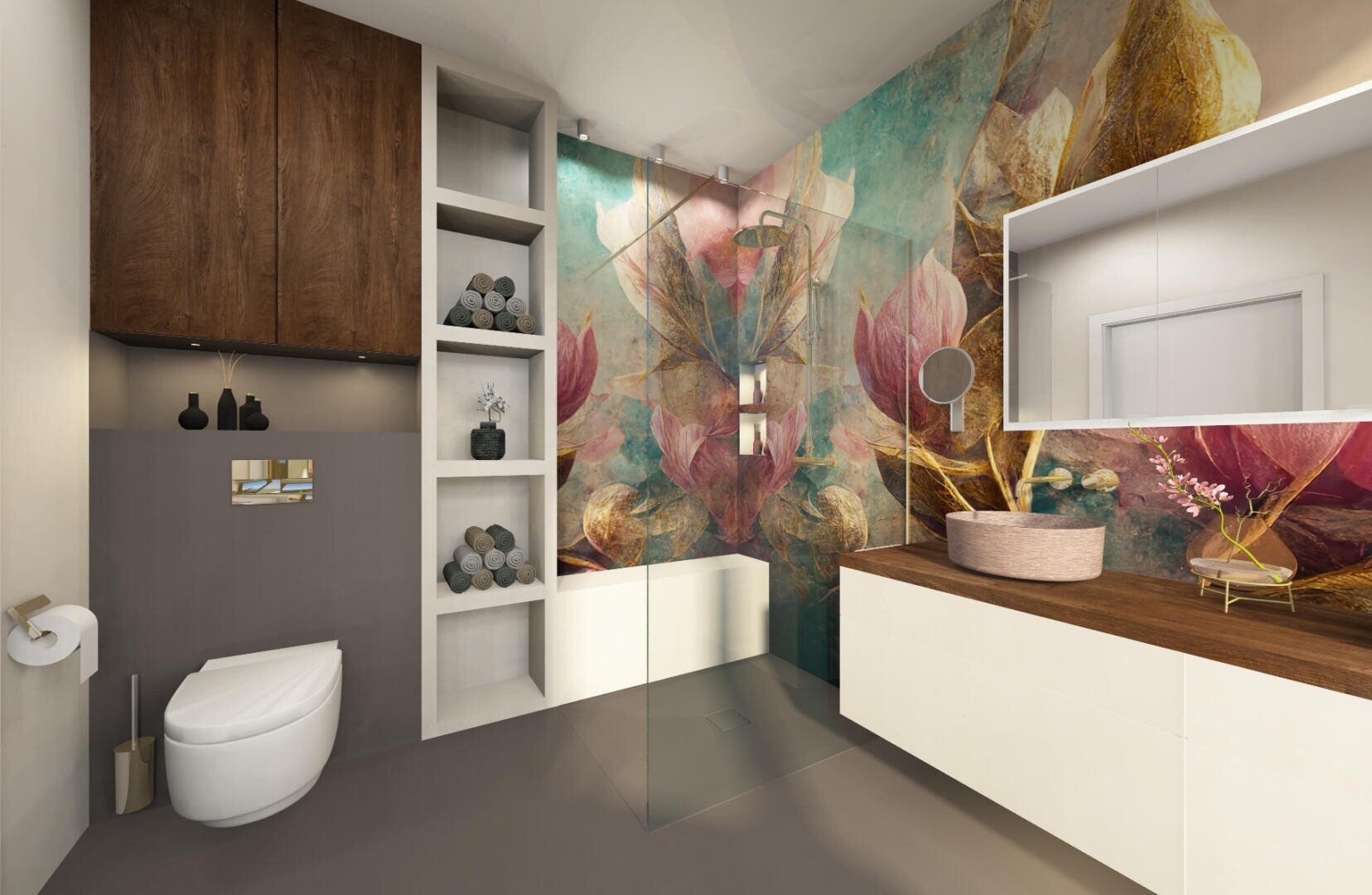 Modernes Badezimmer mit floraler Akzentwand, schwebender Toilette, eingebauten Regalen mit gerollten Handtüchern, einer Glasdusche und einem Waschtisch mit Aufsatzwaschbecken und Holzplatte. Großer Spiegel über dem Waschbecken.