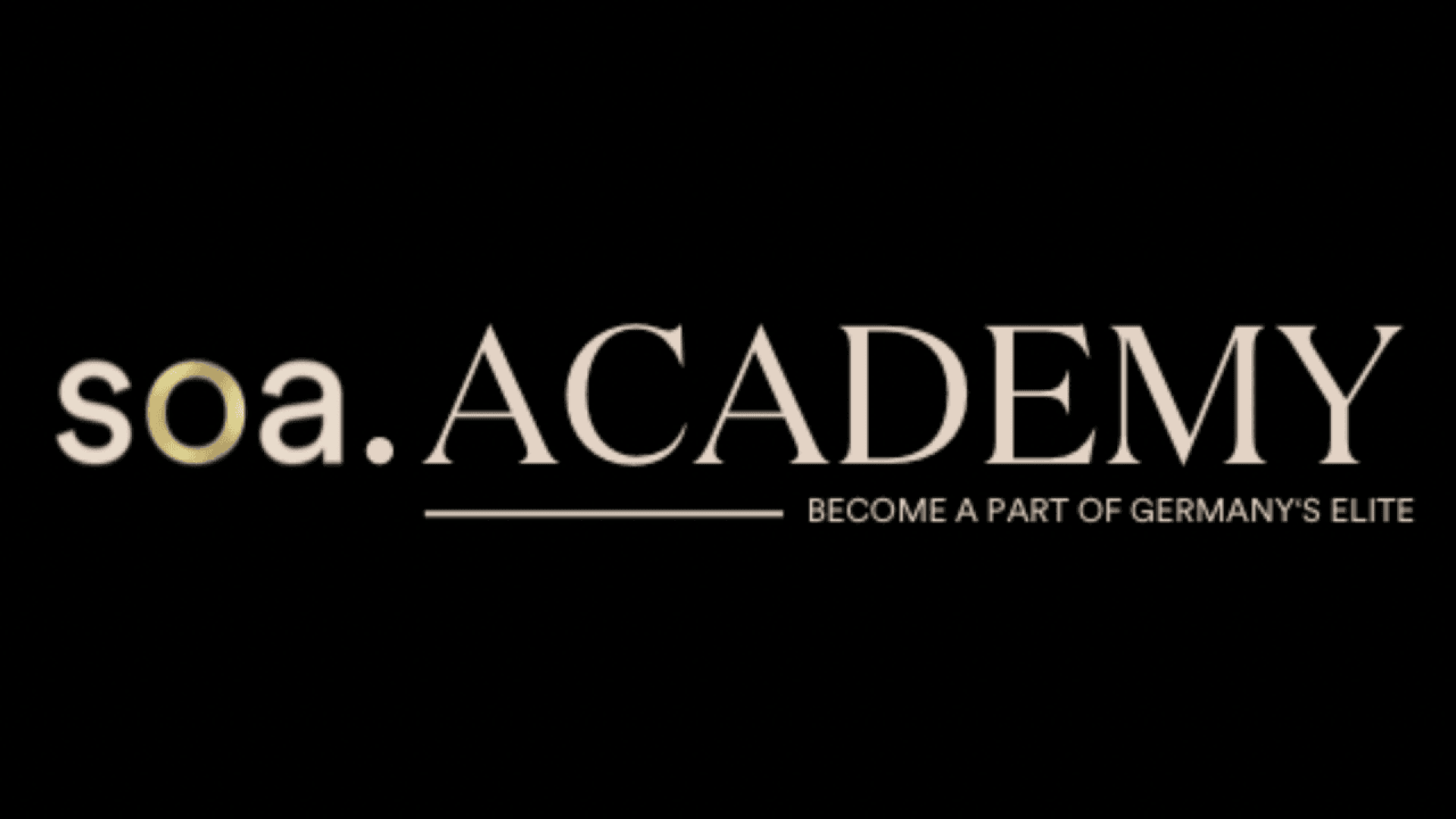 Logo with the text soa. ACADEMY in large letters and BECOME A PART OF GERMANYS ELITE in smaller letters underneath, all on a black background.