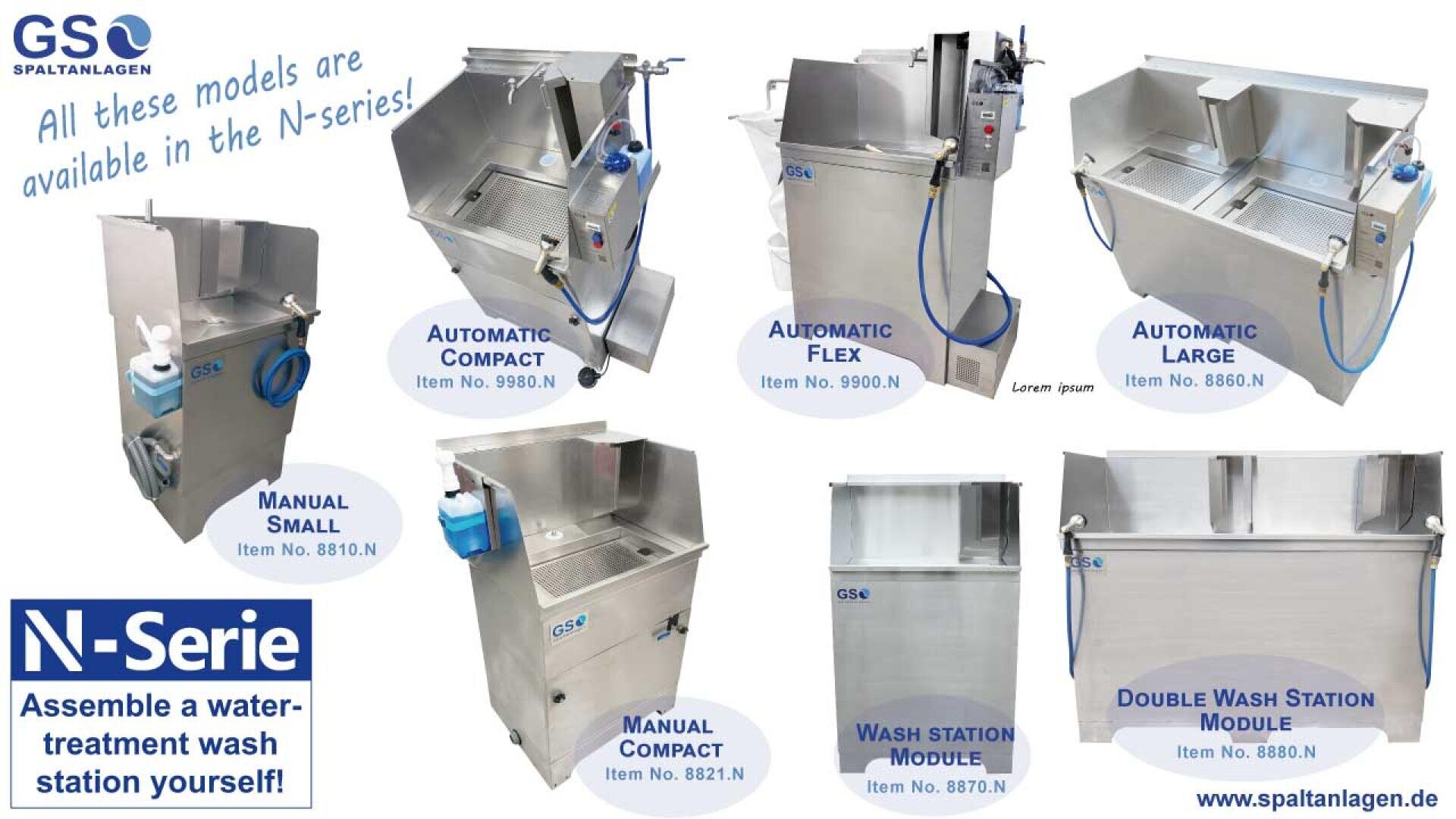 A selection of stainless steel wash stations in various sizes and models, each labeled with product names and item numbers, under the GSO Spaltanlagen brand. Text promotes the N-series water-treatment wash stations.