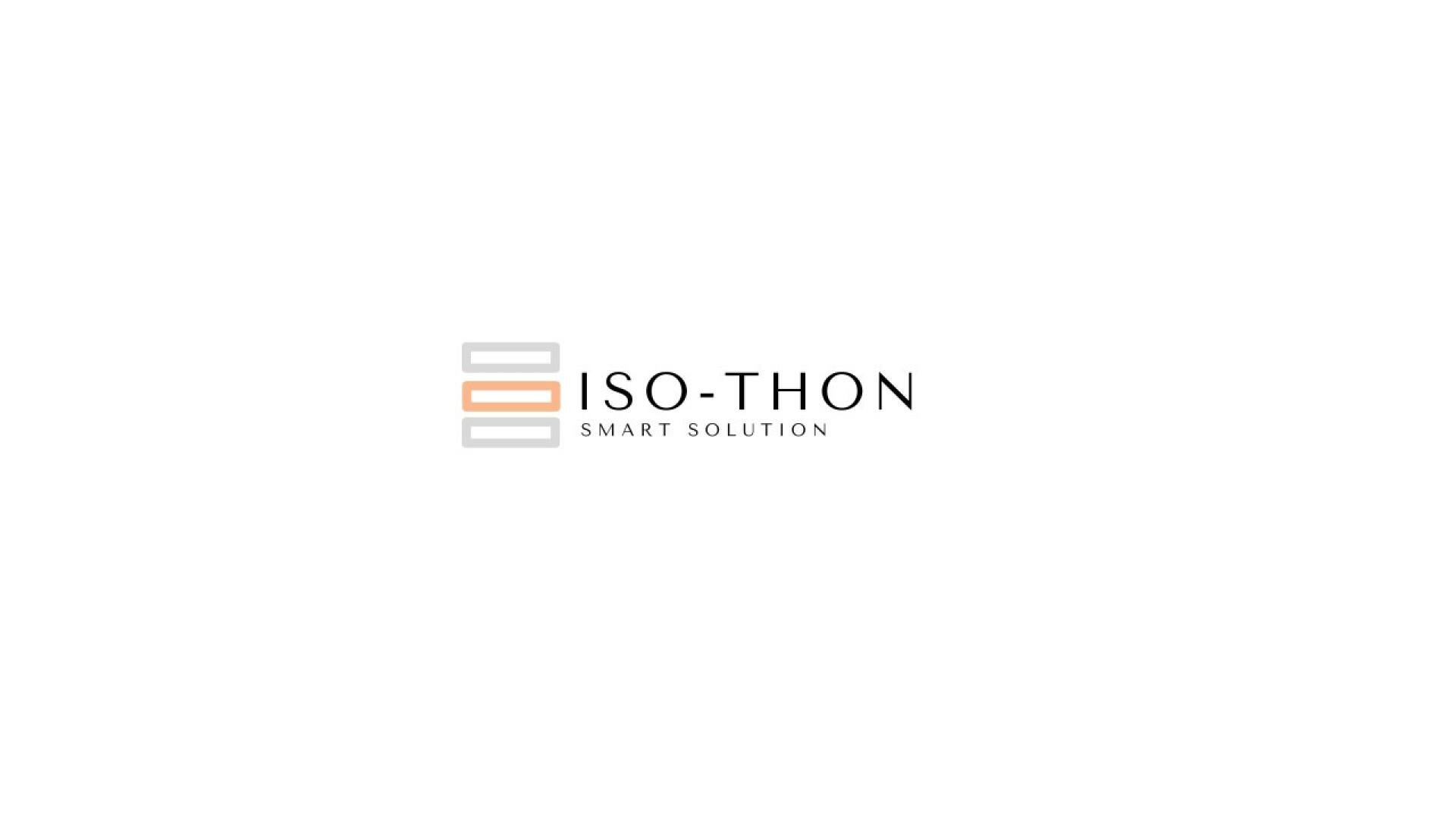 Logo with three horizontal lines, the middle one orange, next to the text “ISO-THON” in bold and “SMART SOLUTION” below in smaller letters, all on a white background.