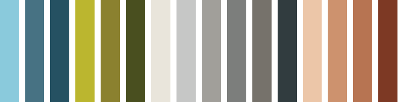 Vertical stripes of varying widths in different colors, including shades of blue, yellow, green, white, gray, beige, peach, tan, and brown, arranged side by side on a plain background.