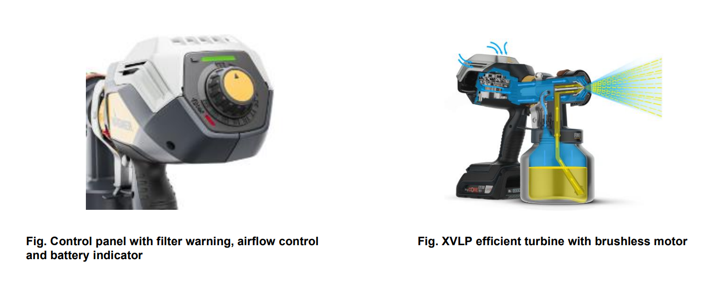 Image showing two labeled illustrations: a close-up of a control panel with filter warning, airflow control, and battery indicator on the left; on the right, an XVLP spray gun with an efficient turbine and brushless motor in action.