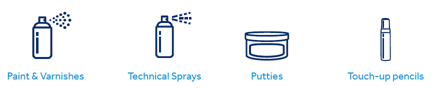 Four blue icons represent products: a spray can for Paint & Varnishes, a spray can for Technical Sprays, a round container for Putties, and a small pen for Touch-up pencils.