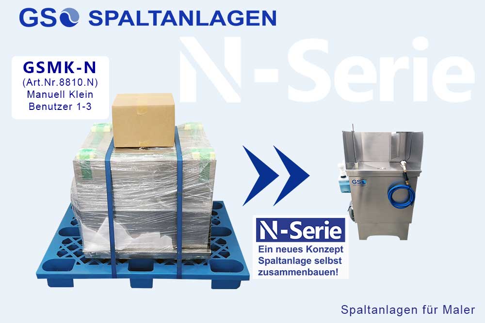 Eine in Folie eingeschweißte Palette steht auf einer blauen Plattform neben einer kompakten Metallwaschmaschine mit der Aufschrift GSO. Blaue Pfeile zeigen einen Anschluss an. Der deutsche Text beschreibt die Maschine als N-Serie für Lackierer.