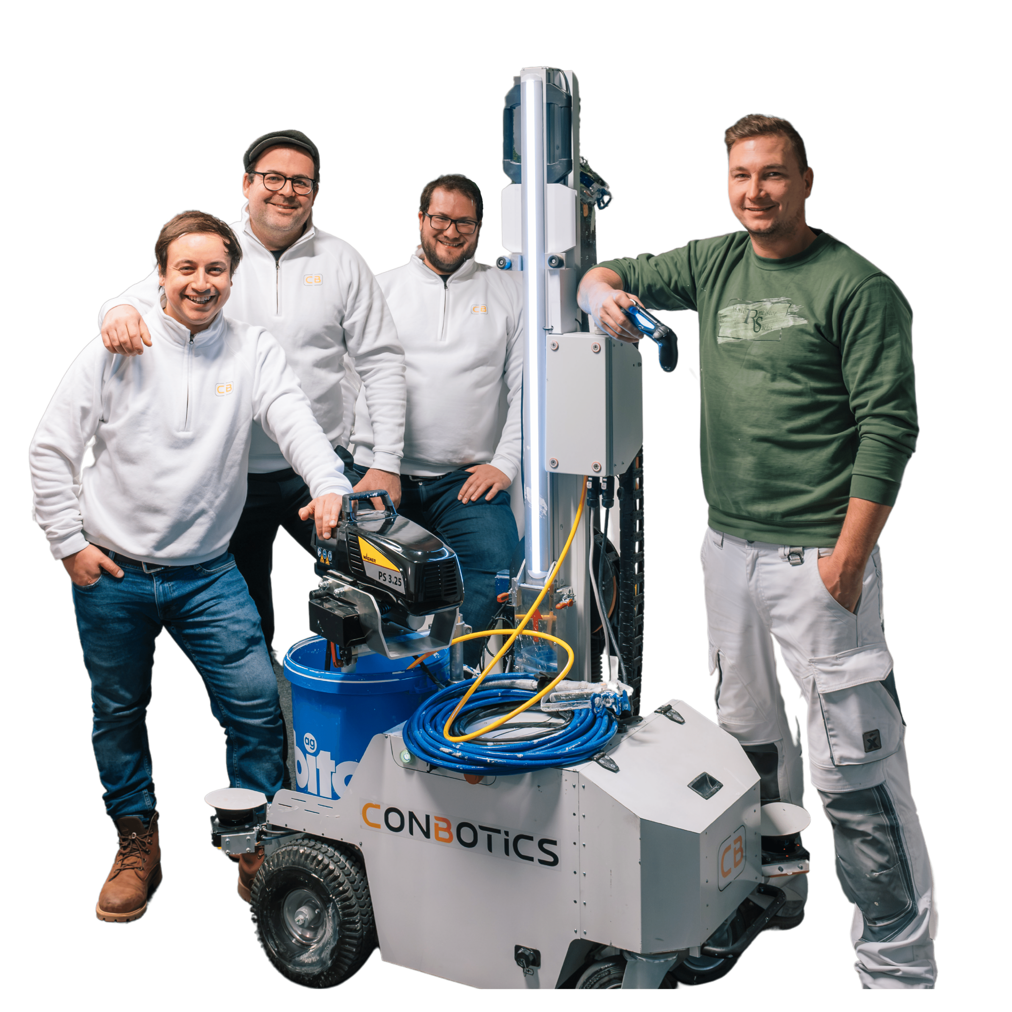 Four men stand smiling around a large wheeled robot labeled CONBOTICS. Three wear white hoodies and jeans; one wears a green sweatshirt and white pants. The robot features a tall vertical component and various cables.