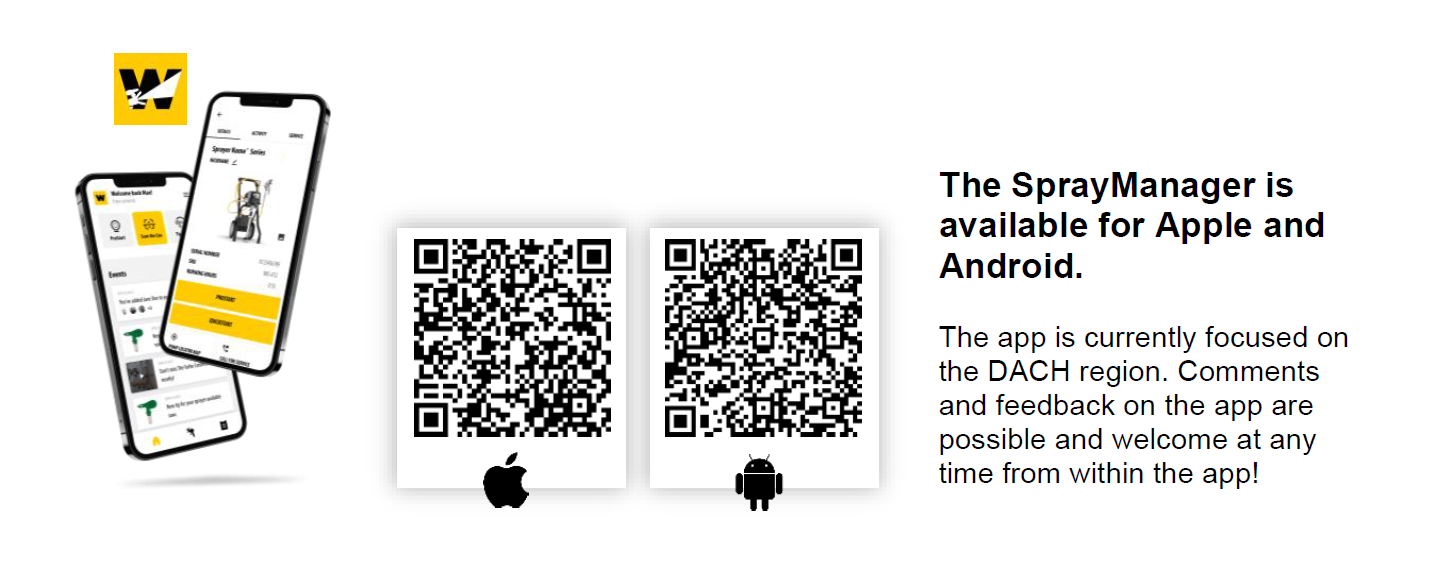 Two smartphones display the SprayManager app interface. Next to them, two QR codes offer download links for Apple and Android devices. Text explains the apps focus on the DACH region and invites user feedback.