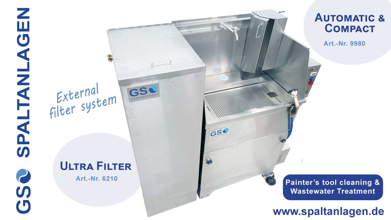 Industrial stainless steel cleaning machine labeled “GSO Spaltanlagen” with an external filter system, designed for painter’s tool cleaning and wastewater treatment. Text highlights its compact, automatic features and model numbers.