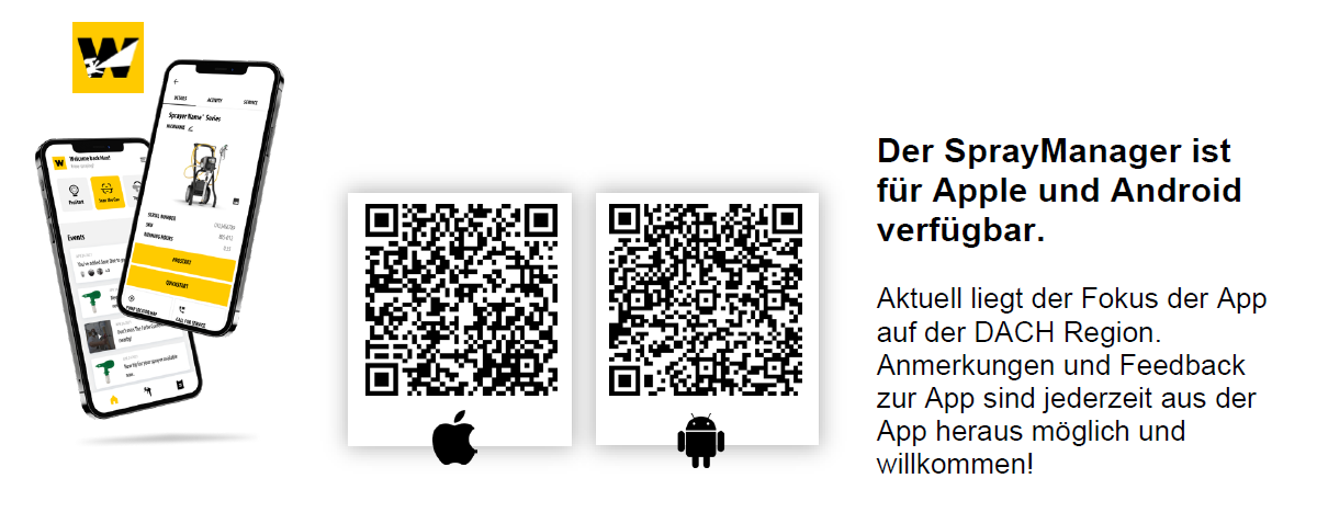Screenshot der SprayManager-App auf einem Telefon, zwei QR-Codes für Apple- und Android-Downloads und deutscher Text, der besagt, dass die App für Apple und Android in der DACH-Region verfügbar ist. Feedback ist willkommen.