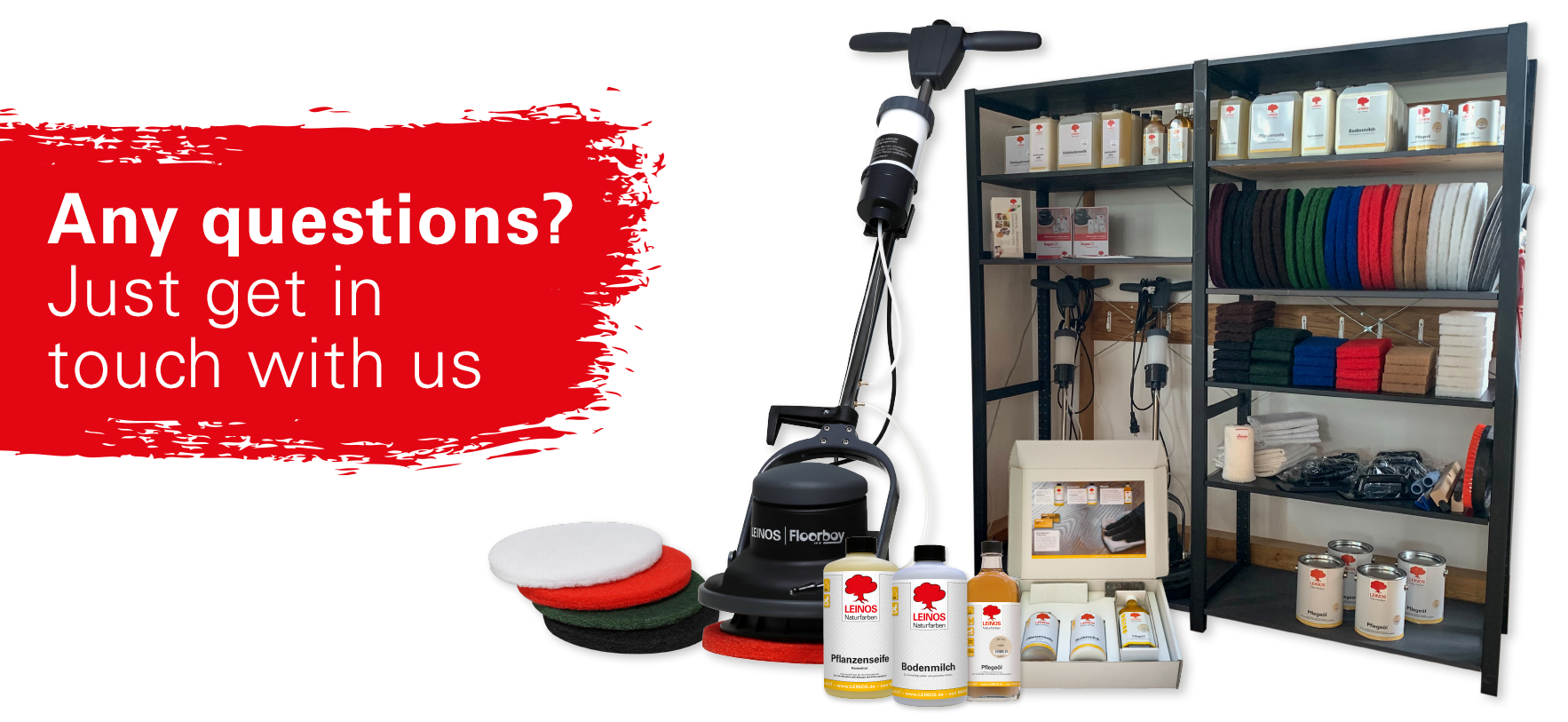 A floor cleaning machine, various scrubbing pads, cleaning products, and a storage shelf filled with cleaning supplies, next to a red box with the text: Any questions? Just get in touch with us.