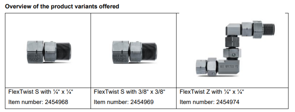 Three types of FlexTwist connectors: S with ¼ x ¼, S with 3/8 x 3/8, and Z with ¼ x ¼. Each connector is shown with its respective item number: 2454968, 2454969, and 2454974.