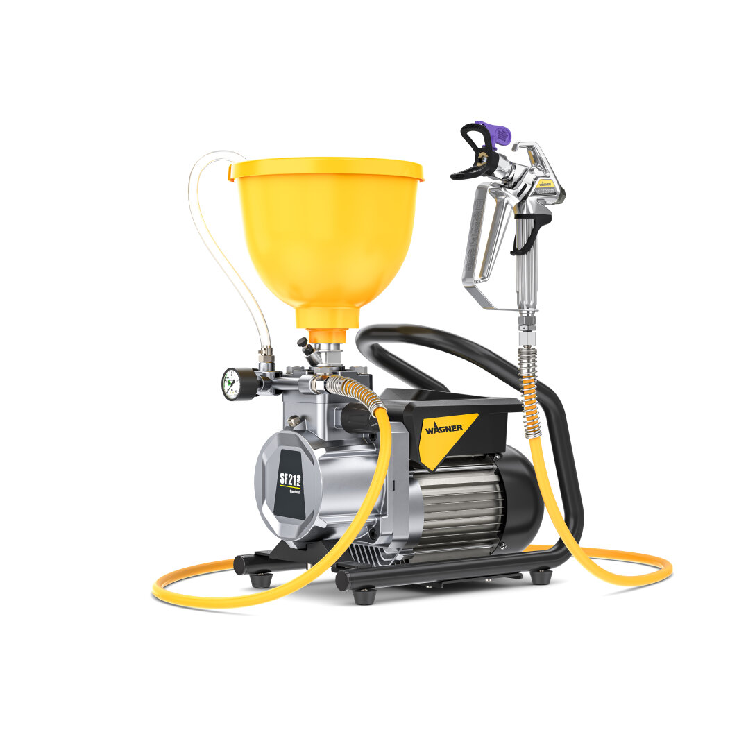 A paint sprayer machine with a yellow paint container, metal spray gun, black motor base, and yellow hoses, seen on a white background. The machine is labeled Wagner.