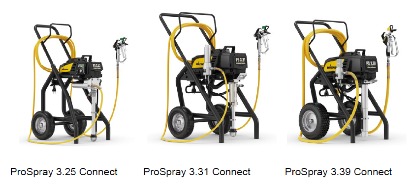 Drei professionelle Farbspritzgeräte mit der Bezeichnung ProSpray 3.25 Connect, ProSpray 3.31 Connect und ProSpray 3.39 Connect, jeweils auf schwarzen Rahmen montiert mit angebrachten gelben Schläuchen und Spritzpistolen.