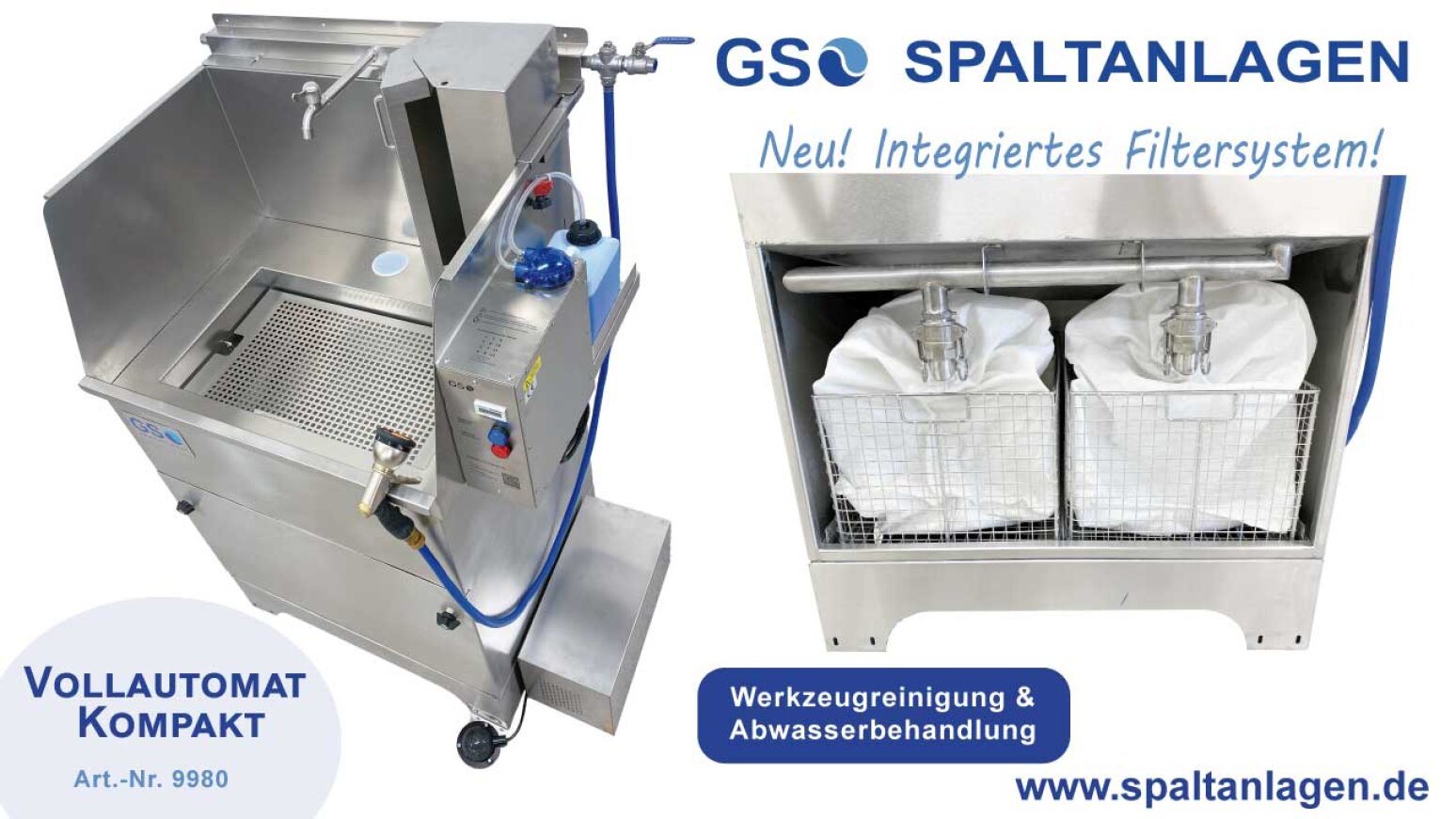 Eine Industriereinigungsmaschine aus Edelstahl mit integriertem Filtersystem, Schläuchen, Bedienfeld und zwei Filterbeuteln in einem Siebkorb. Der deutsche Text wirbt für das kompakte, vollautomatische Design zur Werkzeugreinigung und Abwasseraufbereitung.