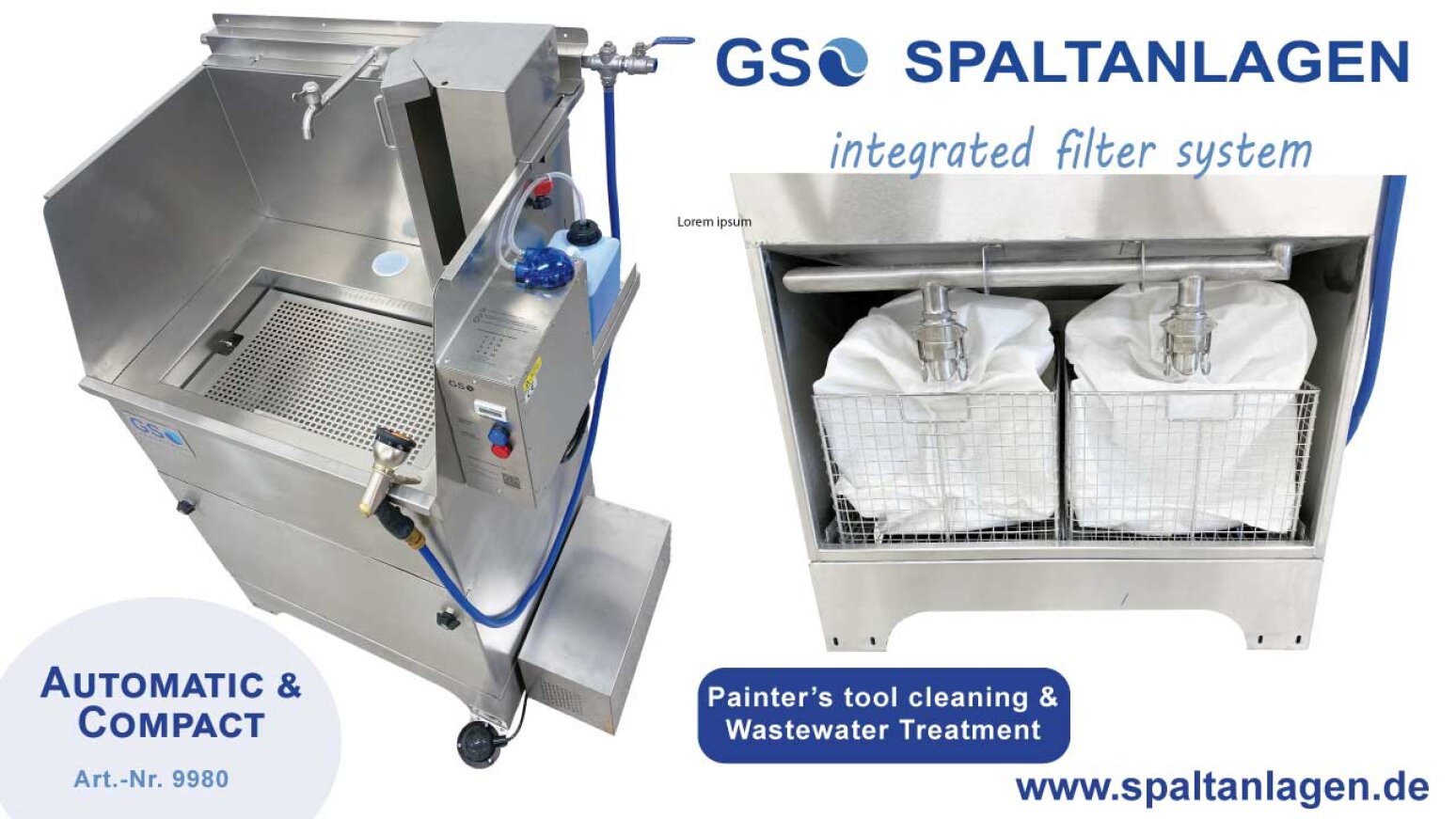 Photo shows a stainless steel industrial filter system for cleaning painter’s tools and treating wastewater. Features hoses, control panel, and two large filter bags. Text highlights it as automatic, compact, and by Spaltanlagen.